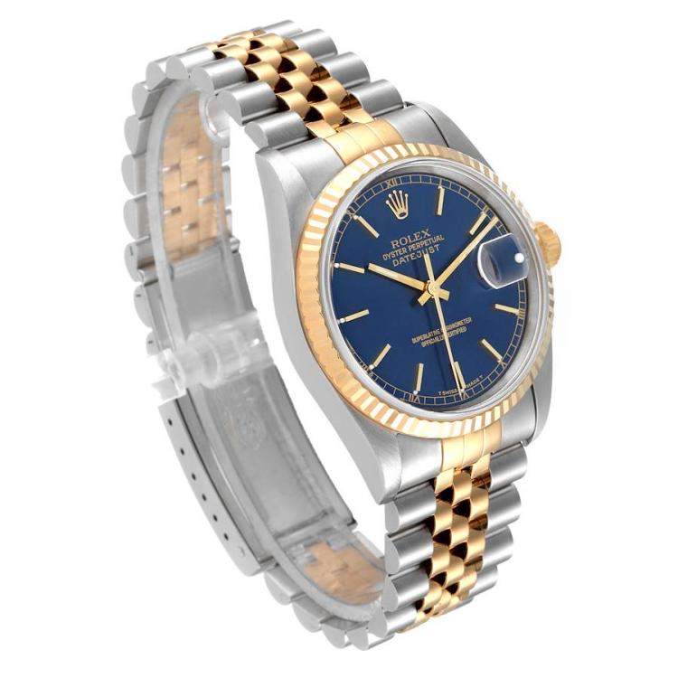 Pre Owned Rolex Blue 18K Yellow Gold And Stainless Steel Datejust 16233 Men's Wristwatch 36 MM