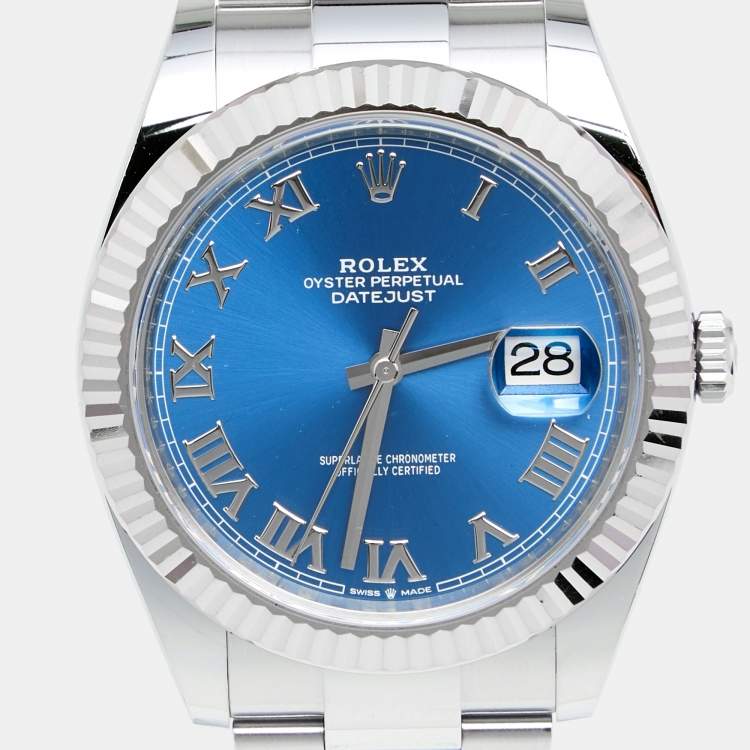 Pre Owned Rolex Blue 18K White Gold Stainless Steel Datejust 126334BLRO Men's Wristwatch 41 MM