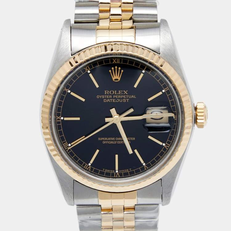 Pre Owned Rolex Black 18K Yellow Gold and Stainless Steel Datejust 16013 Men's Wristwatch 36MM