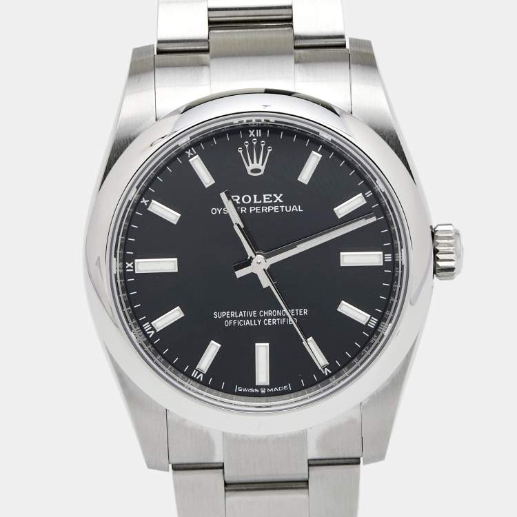 Pre Owned Rolex Black Oystersteel Oyster Perpetual Men's Wristwatch 34 mm