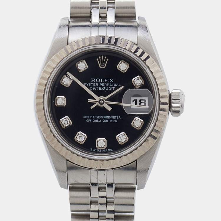 Pre Owned Rolex Black Diamond 18k White Gold Stainless Steel Datejust 79174 Women's Wristwatch 26 mm 