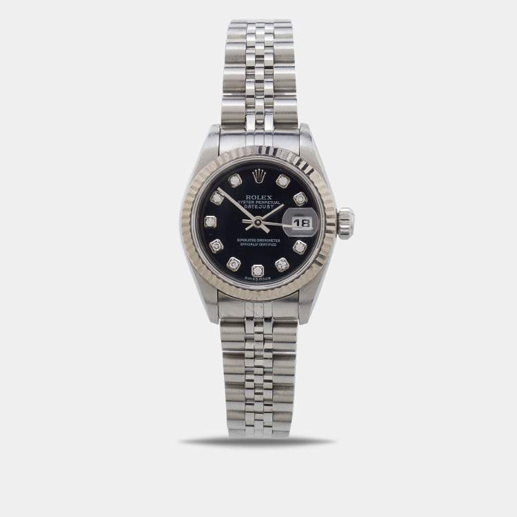 Pre Owned Rolex Black Diamond 18k White Gold Stainless Steel Datejust 79174 Women's Wristwatch 26 mm 