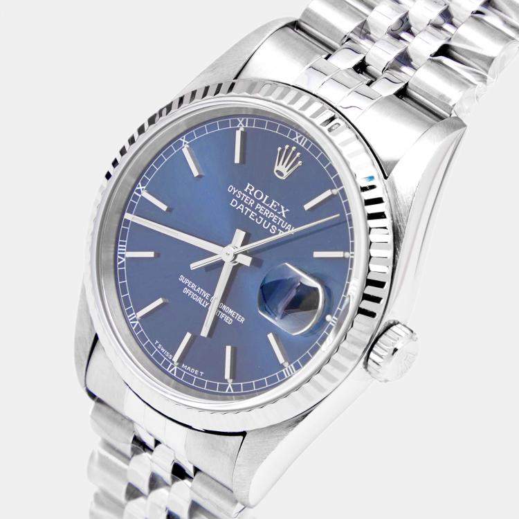 Pre Owned Rolex Blue 18k White Gold Stainless Steel Datejust 16234 Men's Wristwatch 36 mm