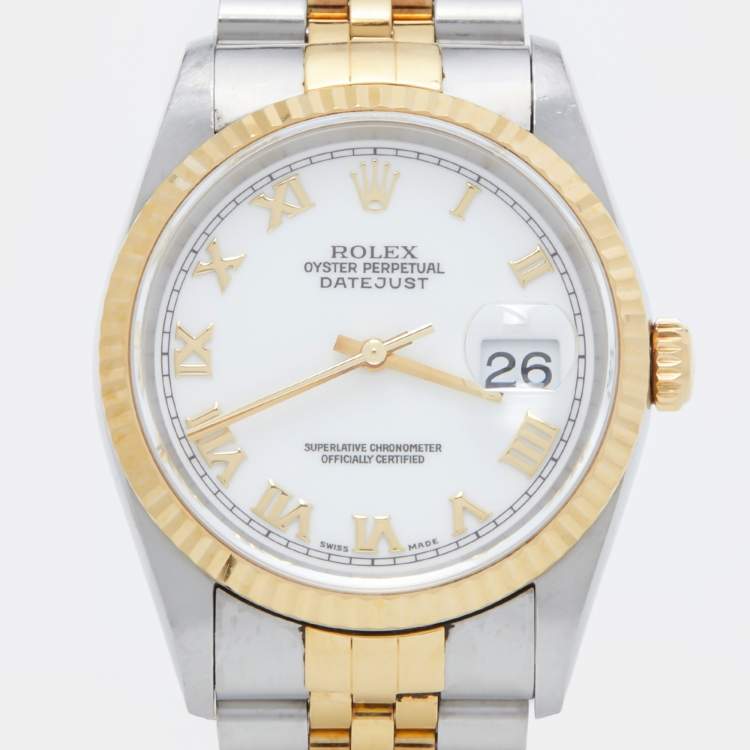 Pre Owned Rolex White 18K Yellow Gold Stainless Steel Datejust 16233 Men's Wristwatch 36 mm