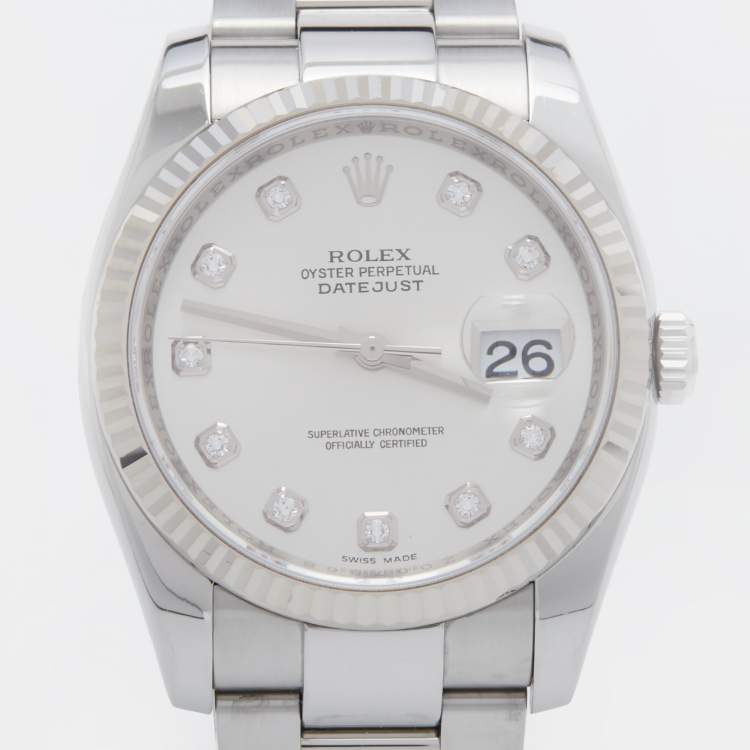 Pre Owned Rolex Silver 18K White Gold Oystersteel Diamond Datejust 116234 Men's Wristwatch 36 mm