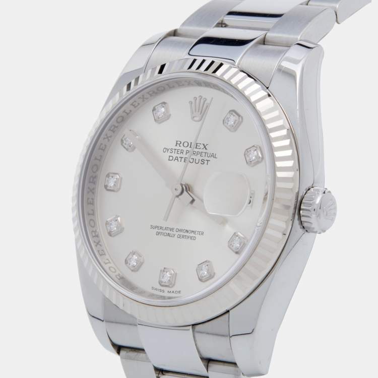 Pre Owned Rolex Silver 18K White Gold Oystersteel Diamond Datejust 116234 Men's Wristwatch 36 mm