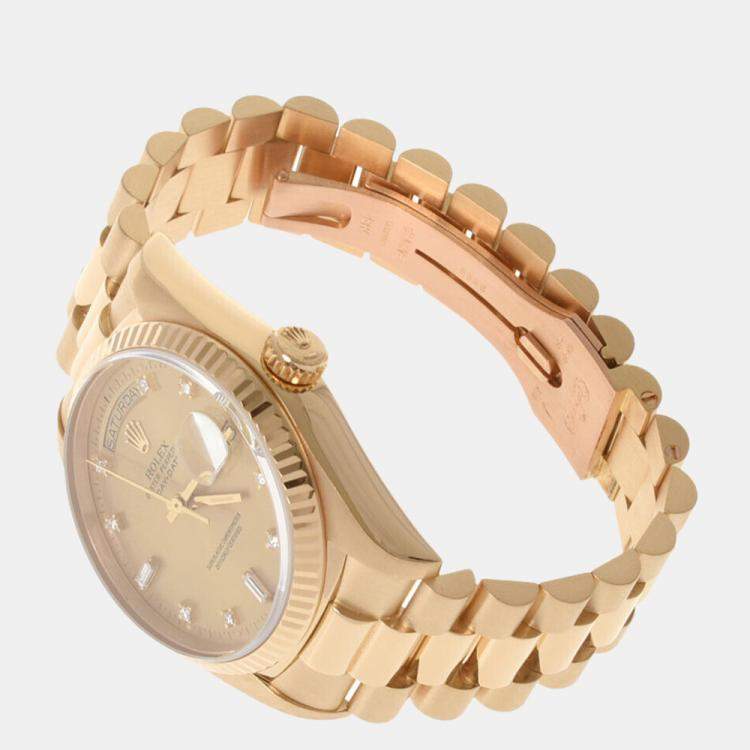 Pre Owned Rolex Champgne Diamonds 18k Yellow Gold Day - Date President 18038 Automatic Men's Wristwatch 36 mm