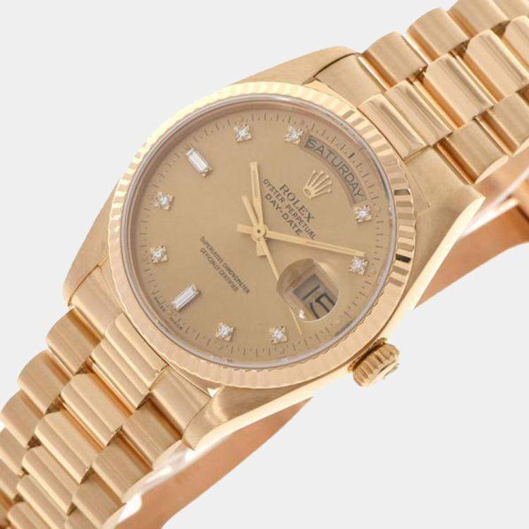 Pre Owned Rolex Champgne Diamonds 18k Yellow Gold Day - Date President 18038 Automatic Men's Wristwatch 36 mm