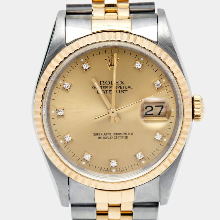 Pre Owned Rolex Champagne Diamond 18k Yellow Gold Stainless Steel Datejust 16233 Men's Wristwatch 36 mm