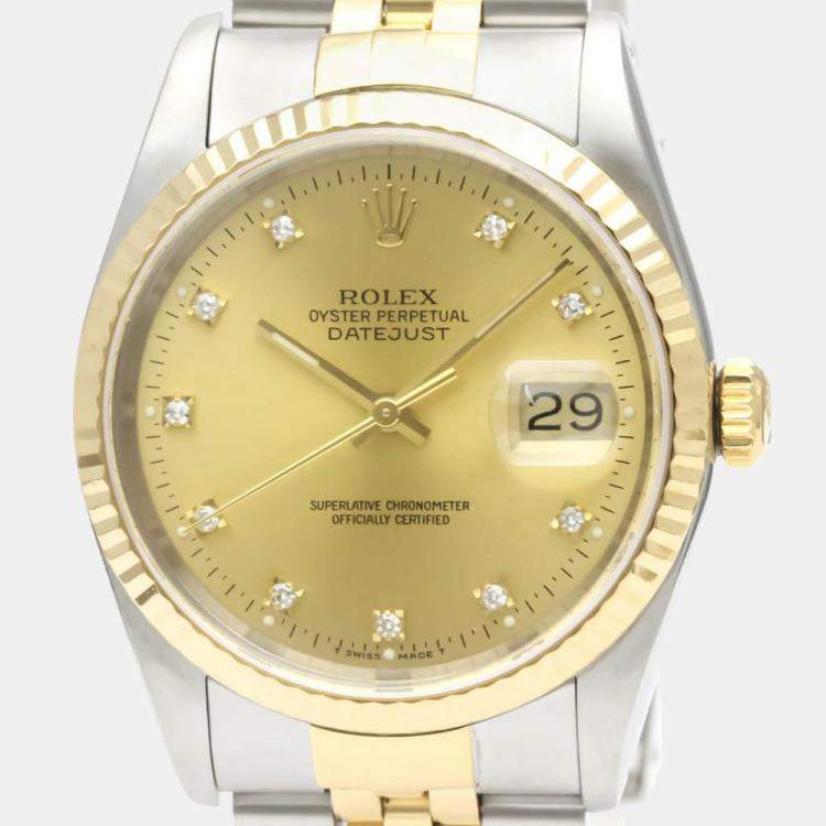 Pre Owned Rolex Champagne Diamond 18k Yellow Gold And Stainless Steel Datejust 16233G Automatic Men's Wristwatch 36 mm