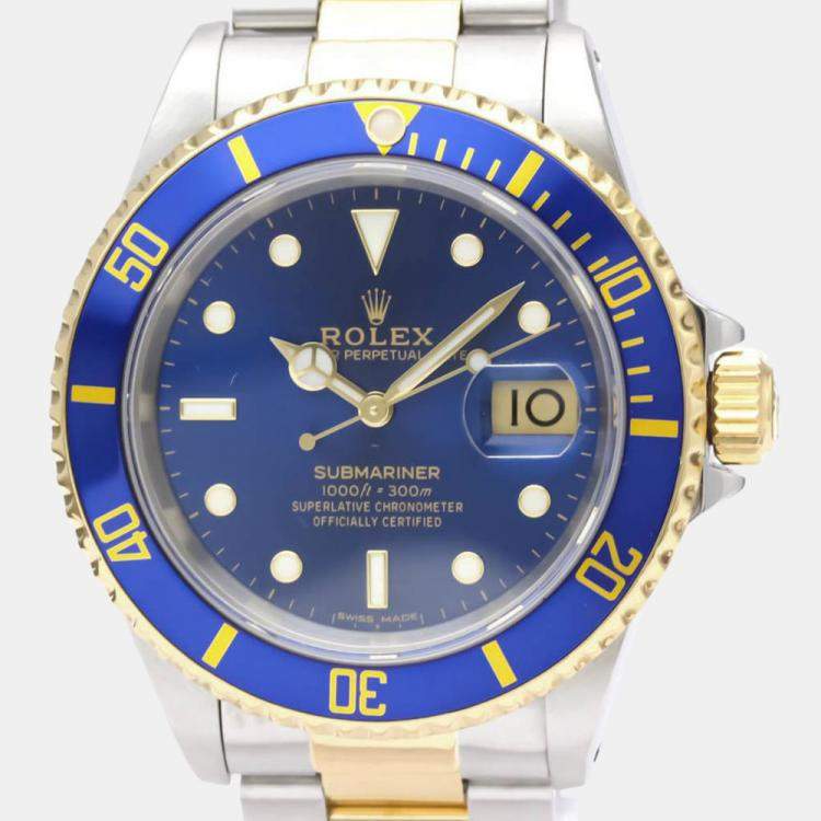 Pre Owned Rolex Blue 18k Yellow Gold And Stainless Steel Submariner 16613LB Automatic Men's Wristwatch 40 mm