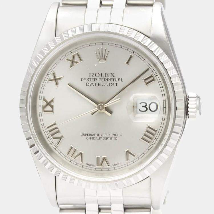 Pre Owned Rolex Silver 18k White Gold And Stainless Steel Datejust 16220 Automatic Men's Wristwatch 36 mm