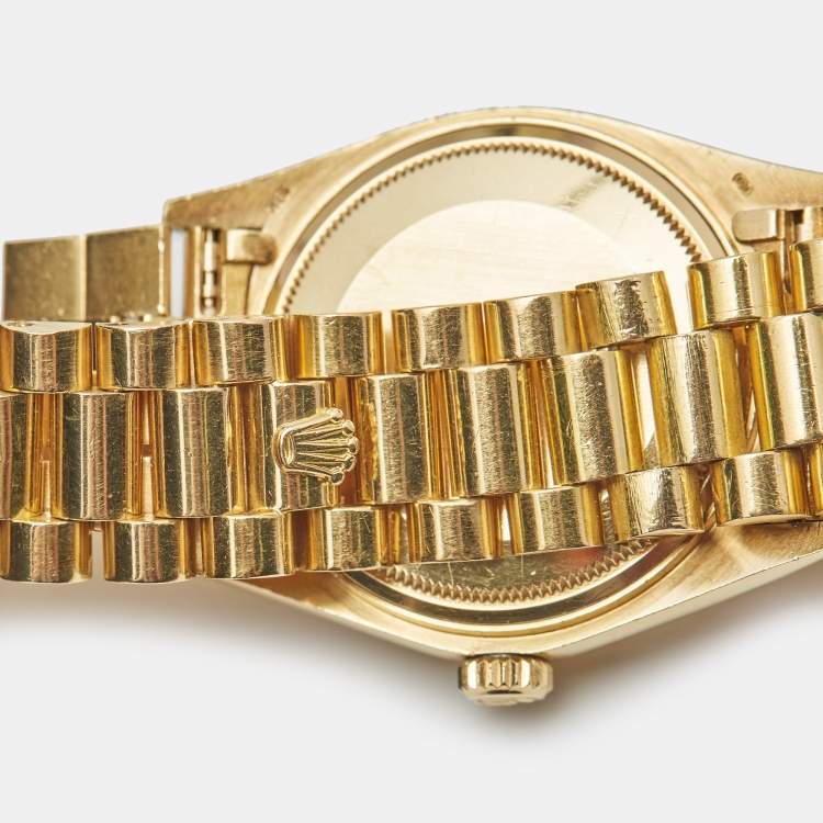 مملوكة مسبقًا Rolex Blue Vignette 18K Yellow Gold Diamond Vintage Oyster Perpetual Day-Date President 18038 Men's Wristwatch 36 mm