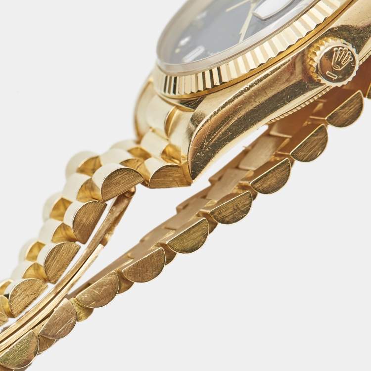 مملوكة مسبقًا Rolex Blue Vignette 18K Yellow Gold Diamond Vintage Oyster Perpetual Day-Date President 18038 Men's Wristwatch 36 mm