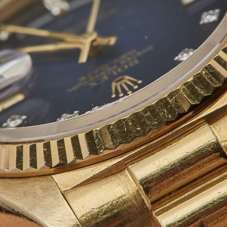 مملوكة مسبقًا Rolex Blue Vignette 18K Yellow Gold Diamond Vintage Oyster Perpetual Day-Date President 18038 Men's Wristwatch 36 mm