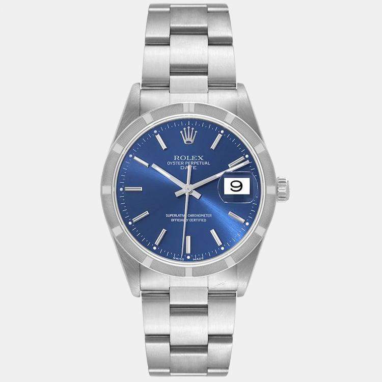 Rolex Blue Stainless Steel Oyster Perpetual Date 15210 Men's Wristwatch ...