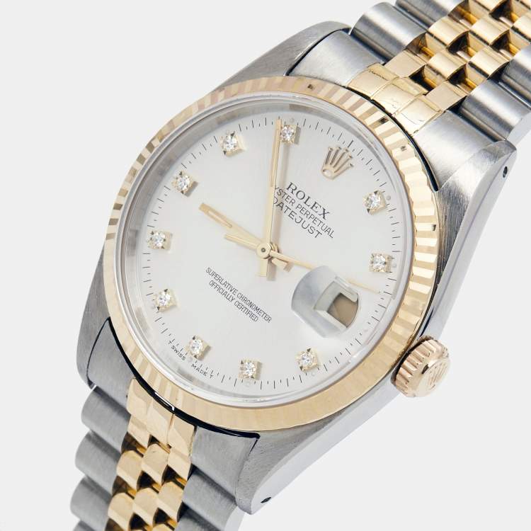 Pre Owned Rolex Silver Diamonds 18K Yellow Gold And Stainless Steel Datejust 16233 Men's Wristwatch 36 MM