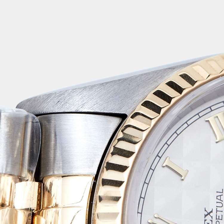 Pre Owned Rolex White Pyramid 18K Yellow Gold Stainless Steel Datejust 16233 Men's Wristwatch 36 mm