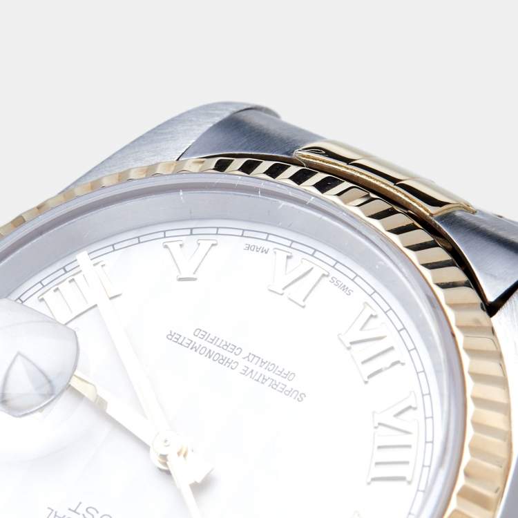Pre Owned Rolex White Pyramid 18K Yellow Gold Stainless Steel Datejust 16233 Men's Wristwatch 36 mm