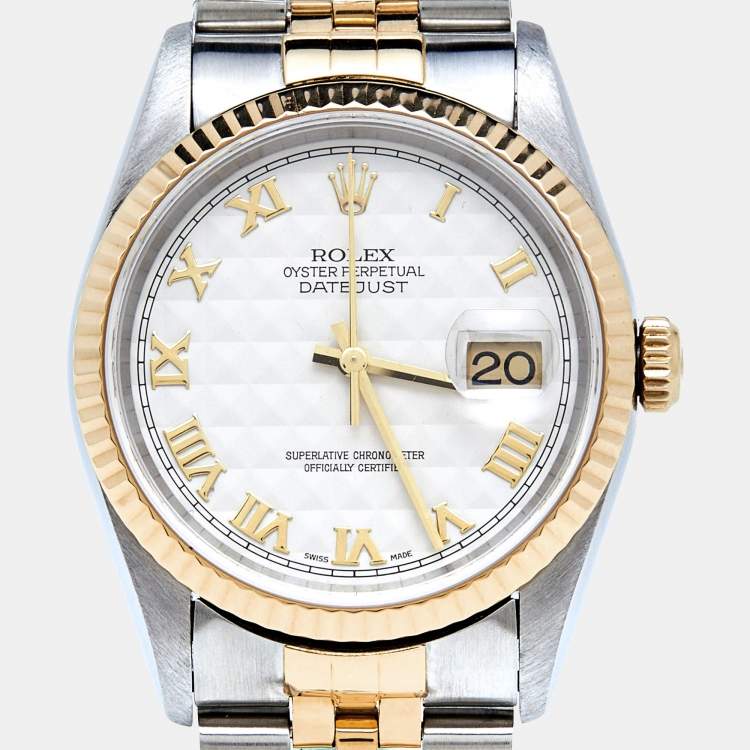 Pre Owned Rolex White Pyramid 18K Yellow Gold Stainless Steel Datejust 16233 Men's Wristwatch 36 mm