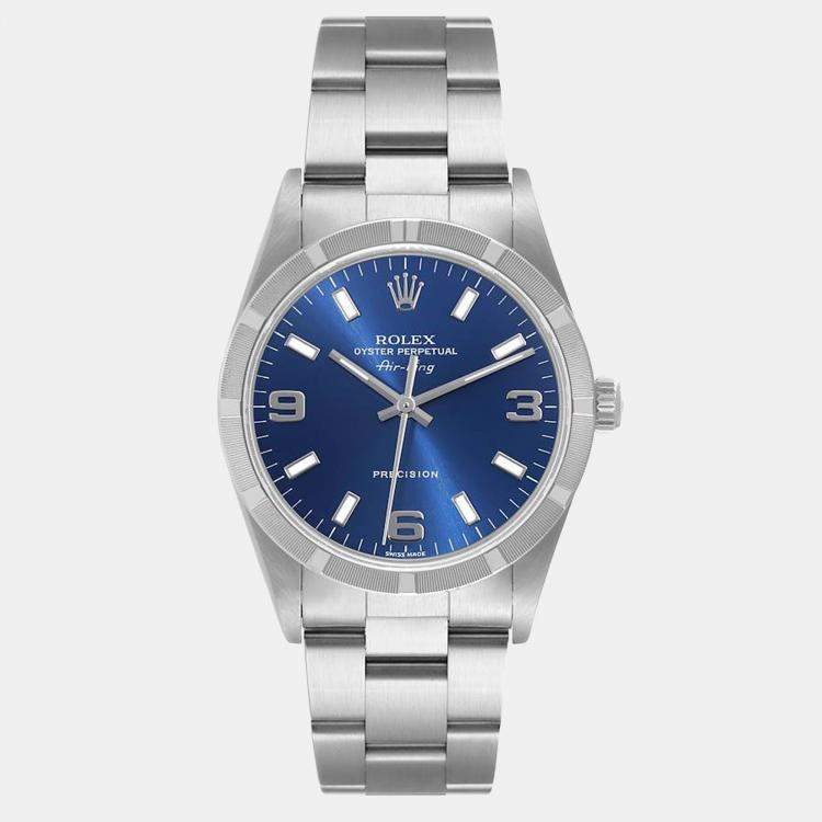 Rolex Air King 34mm Blue Dial Engine Turned Bezel Steel Mens Watch