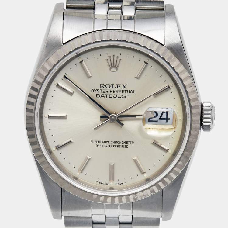 Pre Owned Rolex Silver 18k White Gold Stainless Steel Datejust 16234 Men's Wristwatch 36 mm 