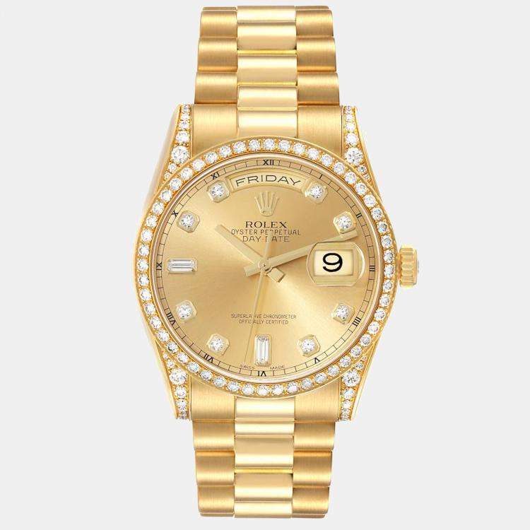 Rolex Oyster Perpetual Day-Date 18K Yellow Gold Diamond Men's Watch 
