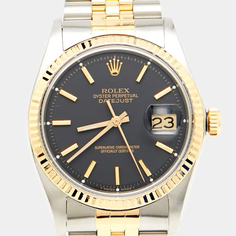 مملوكة مسبقًا Rolex Black 18K Yellow Gold Stainless Steel Datejust 1601/3 Men's Wristwatch 36 mm