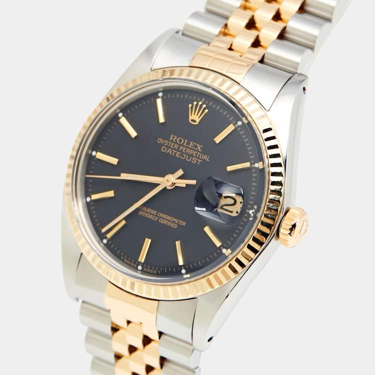 مملوكة مسبقًا Rolex Black 18K Yellow Gold Stainless Steel Datejust 1601/3 Men's Wristwatch 36 mm