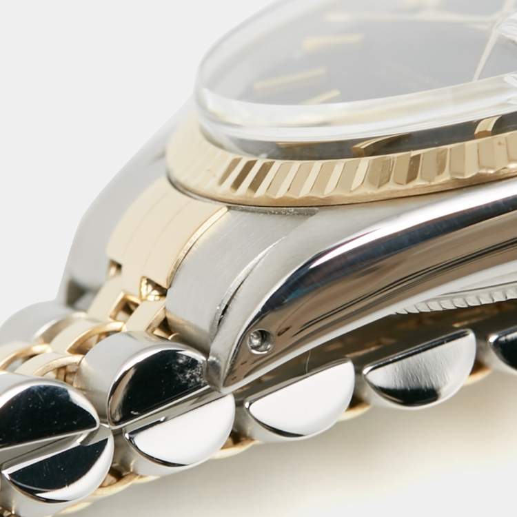 مملوكة مسبقًا Rolex Black 18K Yellow Gold Stainless Steel Datejust 1601/3 Men's Wristwatch 36 mm
