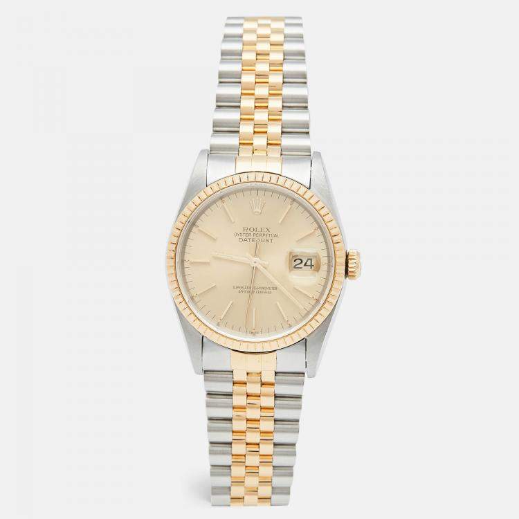 Pre Owned Rolex Champagne 18k Yellow Gold Stainless Steel Datejust 16233 Men's Wristwatch 36 mm
