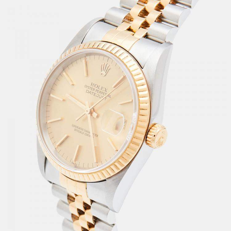 Pre Owned Rolex Champagne 18k Yellow Gold Stainless Steel Datejust 16233 Men's Wristwatch 36 mm