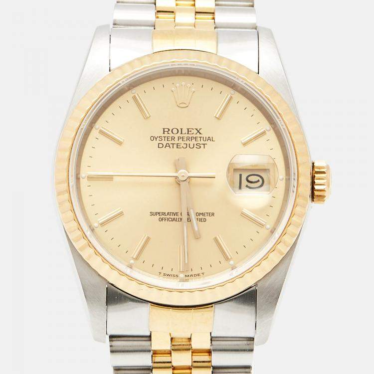 Pre Owned Rolex Champagne 18k Yellow Gold Stainless Steel Datejust 16233 Men's Wristwatch 36 mm