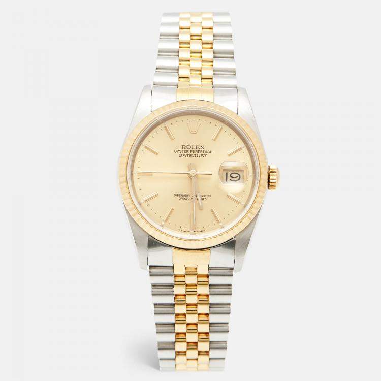 Pre Owned Rolex Champagne 18k Yellow Gold Stainless Steel Datejust 16233 Men's Wristwatch 36 mm