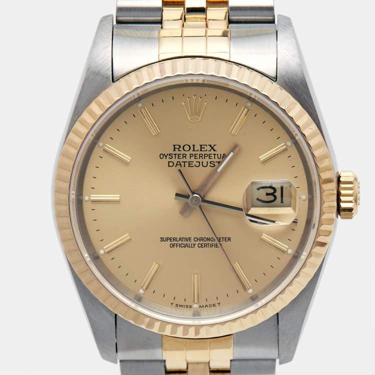 Pre Owned Rolex Champagne 18k Yellow Gold Stainless Steel Datejust 16233 Men's Wristwatch 36 mm