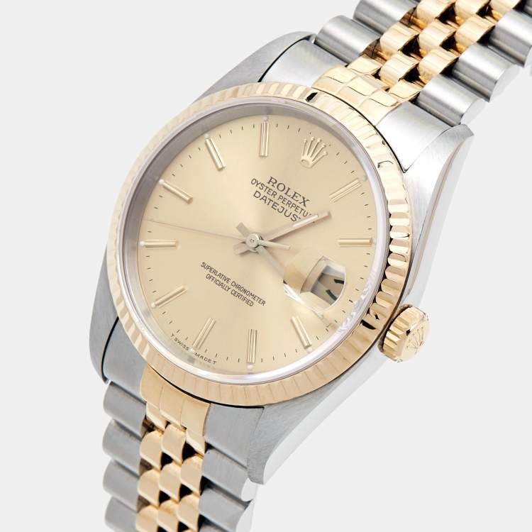 Pre Owned Rolex Champagne 18k Yellow Gold Stainless Steel Datejust 16233 Men's Wristwatch 36 mm