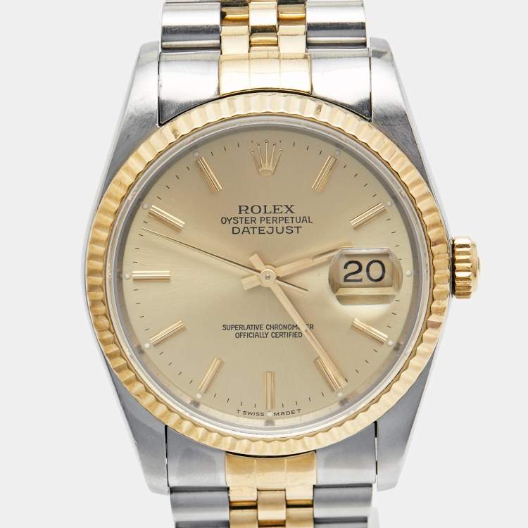 Pre Owned Rolex Champagne 18k Yellow Gold Stainless Steel Datejust 16233 Men's Wristwatch 36 mm