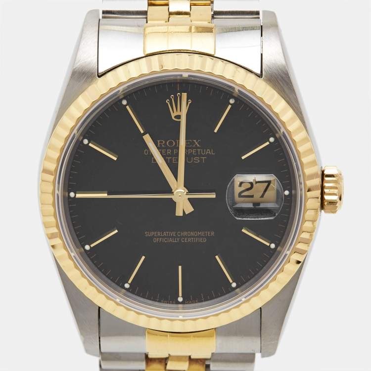 Pre Owned Rolex Navy Blue 18K Yellow Gold Stainless Steel Datejust 16233 Men's Wristwatch 36 mm