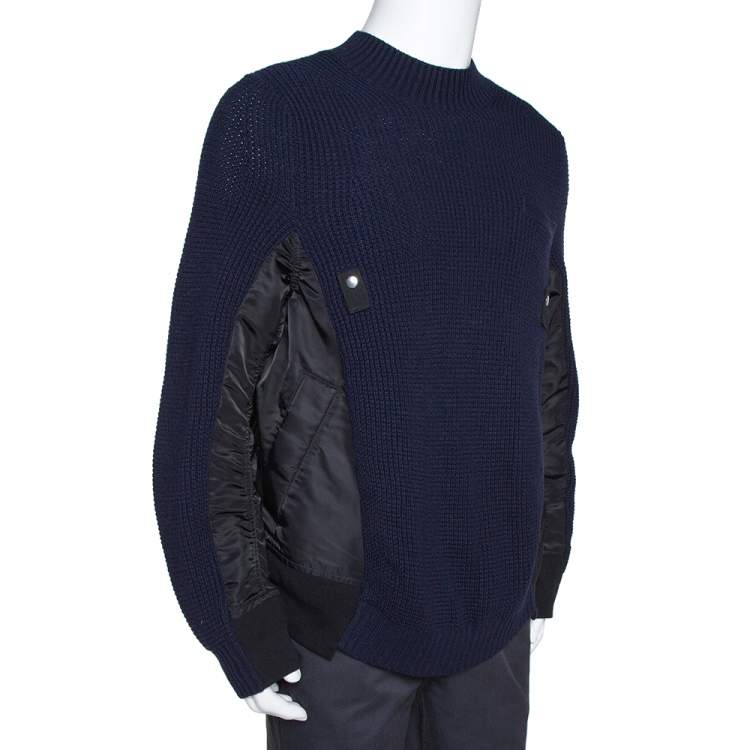 Sacai Navy Blue Rib Knit Wool Paneled Pullover M Sacai | TLC