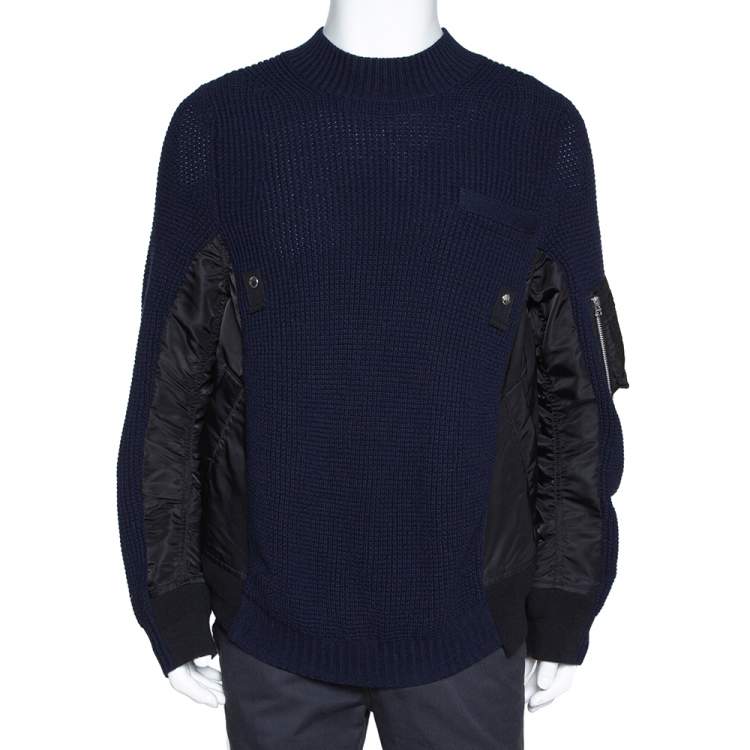 Sacai Navy Blue Rib Knit Wool Paneled Pullover M Sacai | The Luxury Closet