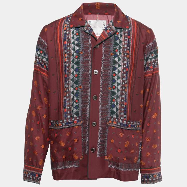 Pre Owned Sacai Brown Printed Polyester Button Front Full Sleeve Shirt L