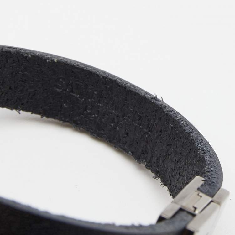 Pre Owned Saint Laurent Black Leather Gunmetal Tone Logo Opyum Bracelet
