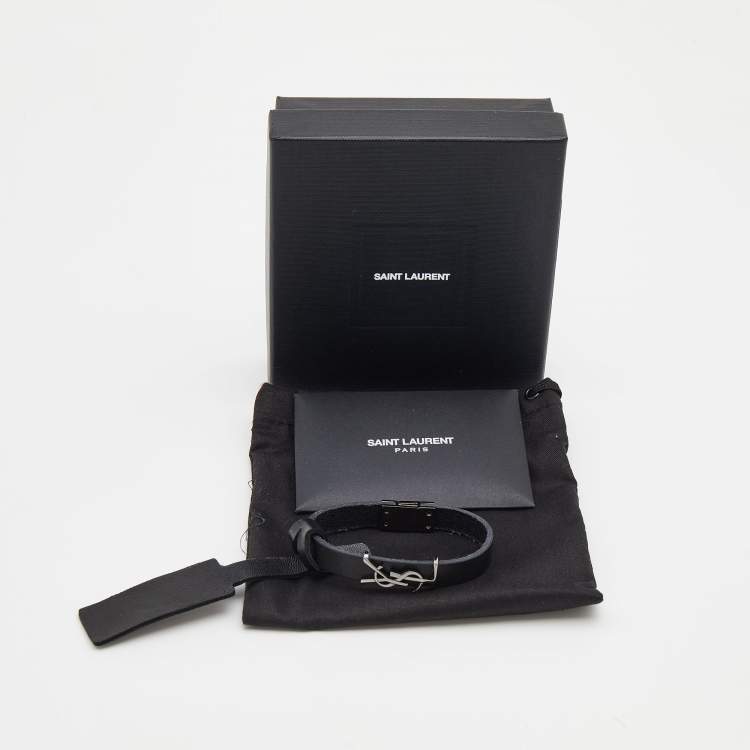 Pre Owned Saint Laurent Black Leather Gunmetal Tone Logo Opyum Bracelet