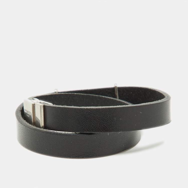 Pre Owned Saint Laurent Black Leather Silver Tone Cassandre Double Wrap Bracelet