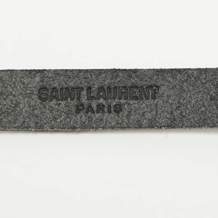 Pre Owned Saint Laurent Black Leather Silver Tone Cassandre Double Wrap Bracelet