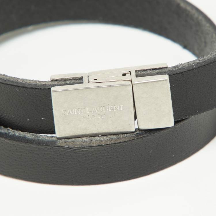 Pre Owned Saint Laurent Black Leather Silver Tone Cassandre Double Wrap Bracelet