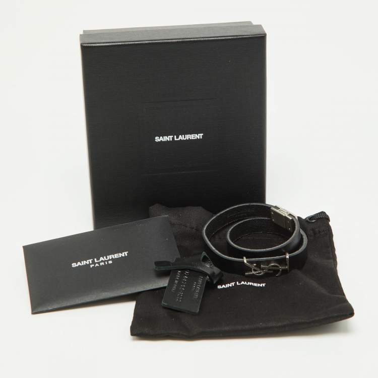 Pre Owned Saint Laurent Black Leather Silver Tone Cassandre Double Wrap Bracelet