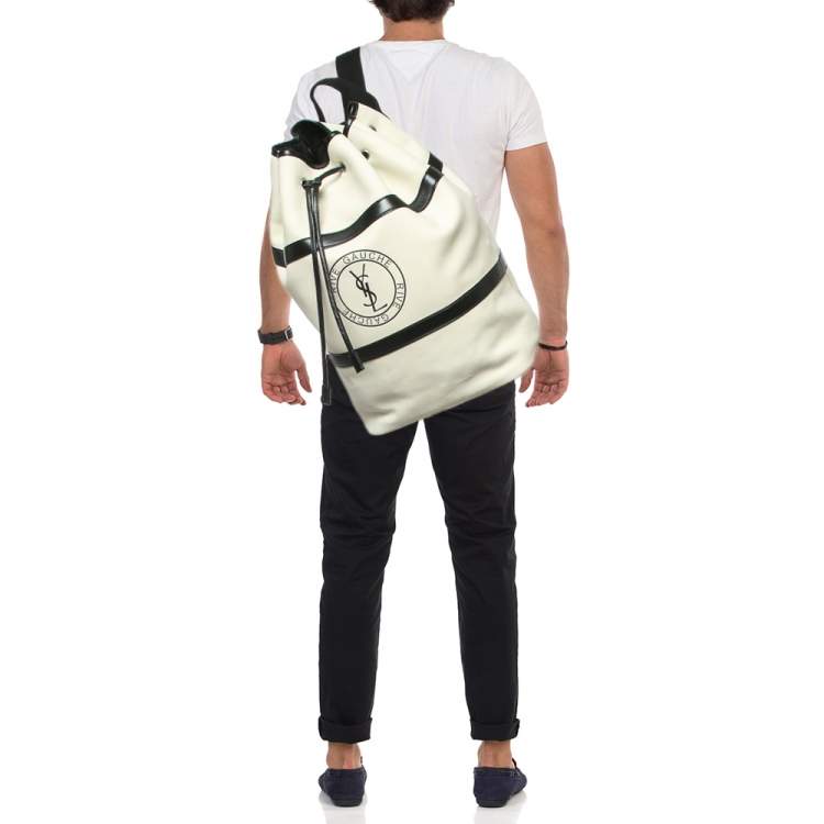 Pre Owned Saint Laurent Cream/Black Nubuck and Leather Rive Gauche Sling Bag