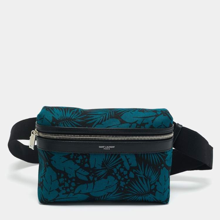 Pre Owned Saint Laurent Teal Green/Black Printed Canvas City Belt Bag