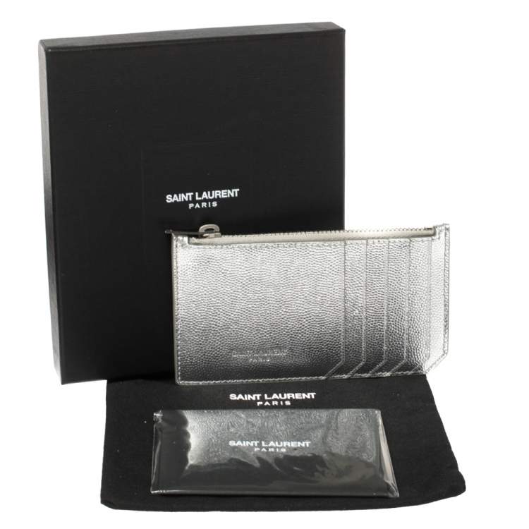 Pre Owned Saint Laurent Metallic Silver Leather Zip Card Holder 